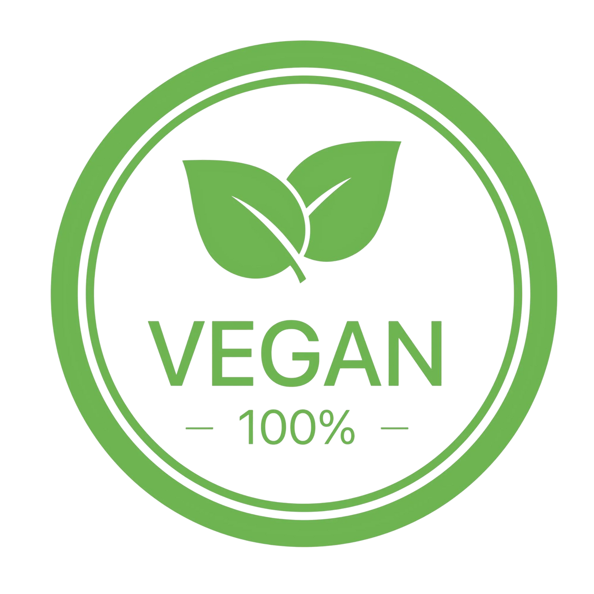 Logo circulaire vert arborant deux feuilles et l'inscription "VEGAN — 100% —". Ce label garantit que la formule Le Serein ne contient aucun ingrédient d'origine animale.