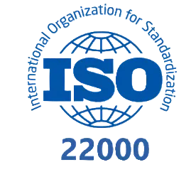 Logo officiel bleu et blanc de l'ISO 22000 (International Organization for Standardization), garantissant la sécurité alimentaire et la qualité de fabrication du Serein.
