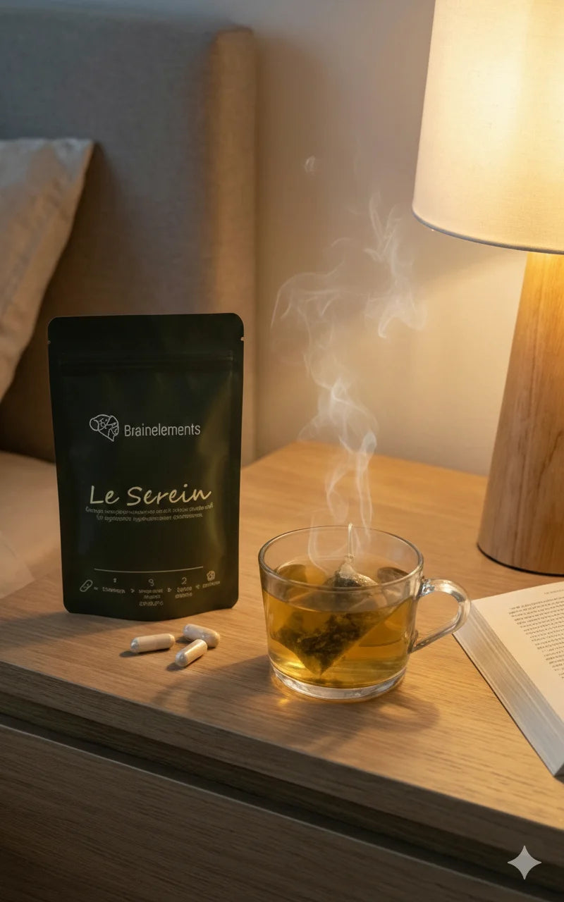 Une table de chevet avec une lampe allumée, un livre ouvert et une tasse de tisane fumante. À côté, un sachet "Le Serein" et trois gélules sont posés, évoquant un moment de détente et de préparation au repos mental.