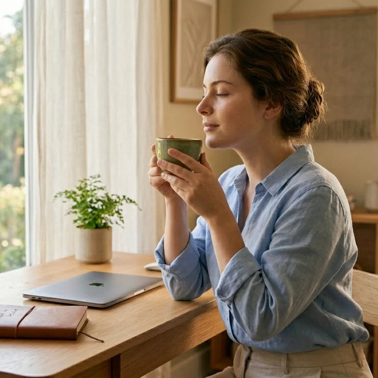 Une jeune femme aux cheveux attachés, portant une chemise en lin bleue, assise à un bureau en bois clair. Elle tient une tasse en céramique verte à deux mains et ferme les yeux, savourant une boisson chaude devant une fenêtre donnant sur un jardin verdoyant. Atmosphère calme et apaisante.