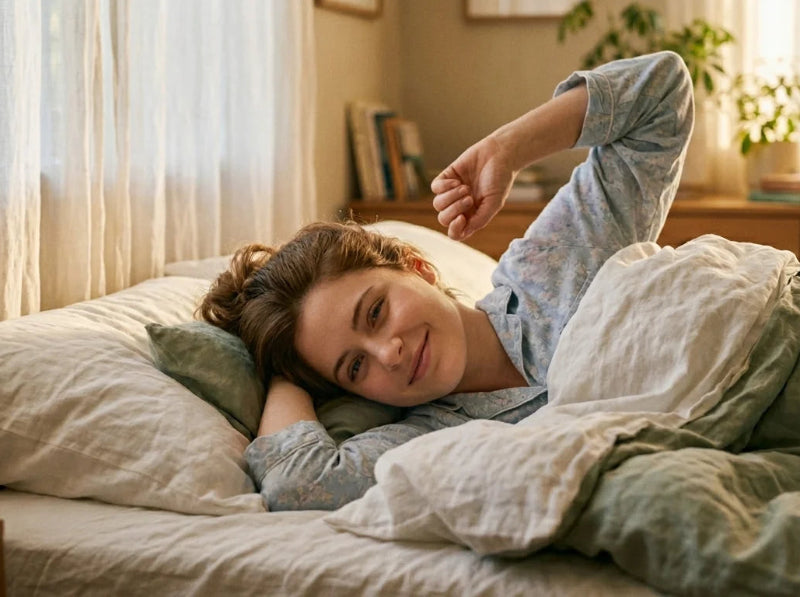 La jeune femme est allongée dans un lit confortable avec des draps en lin vert et blanc. Elle porte un pyjama à motif floral bleu et étire doucement un bras en souriant légèrement face à la caméra. La lumière du matin est douce et tamisée, évoquant un sommeil de qualité et un réveil apaisé.