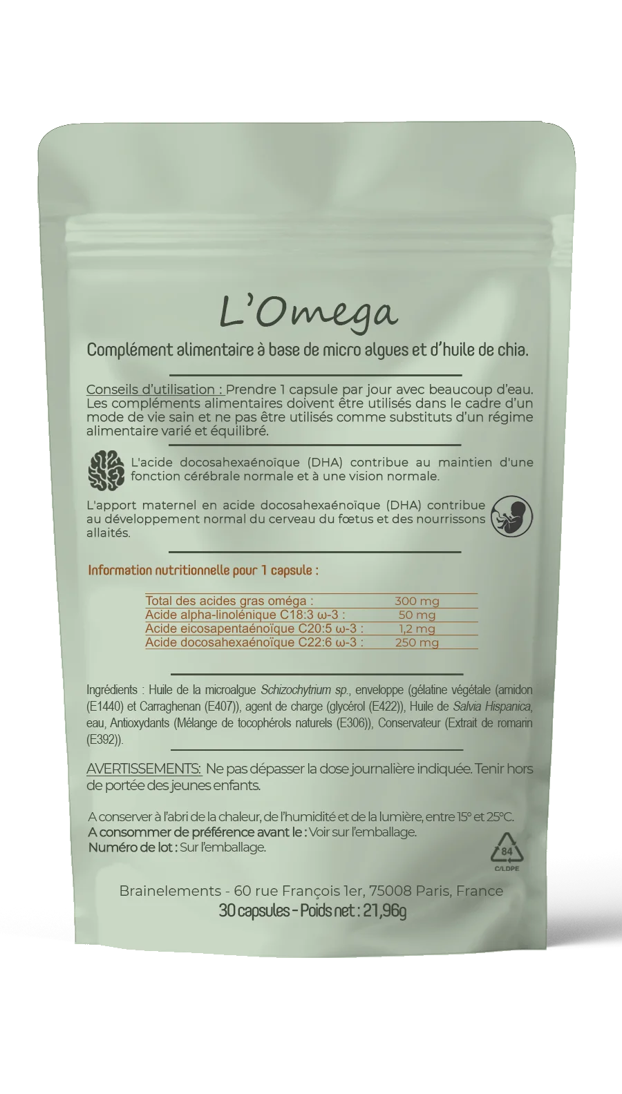 Oméga 3 DHA Vegan – Microalgues & Huile de Chia – 250 mg DHA + ALA – Ultra Pur, Sans Métaux Lourds – Origine France – Humeur, Anti-stress & Bien-être, Neuroprotection