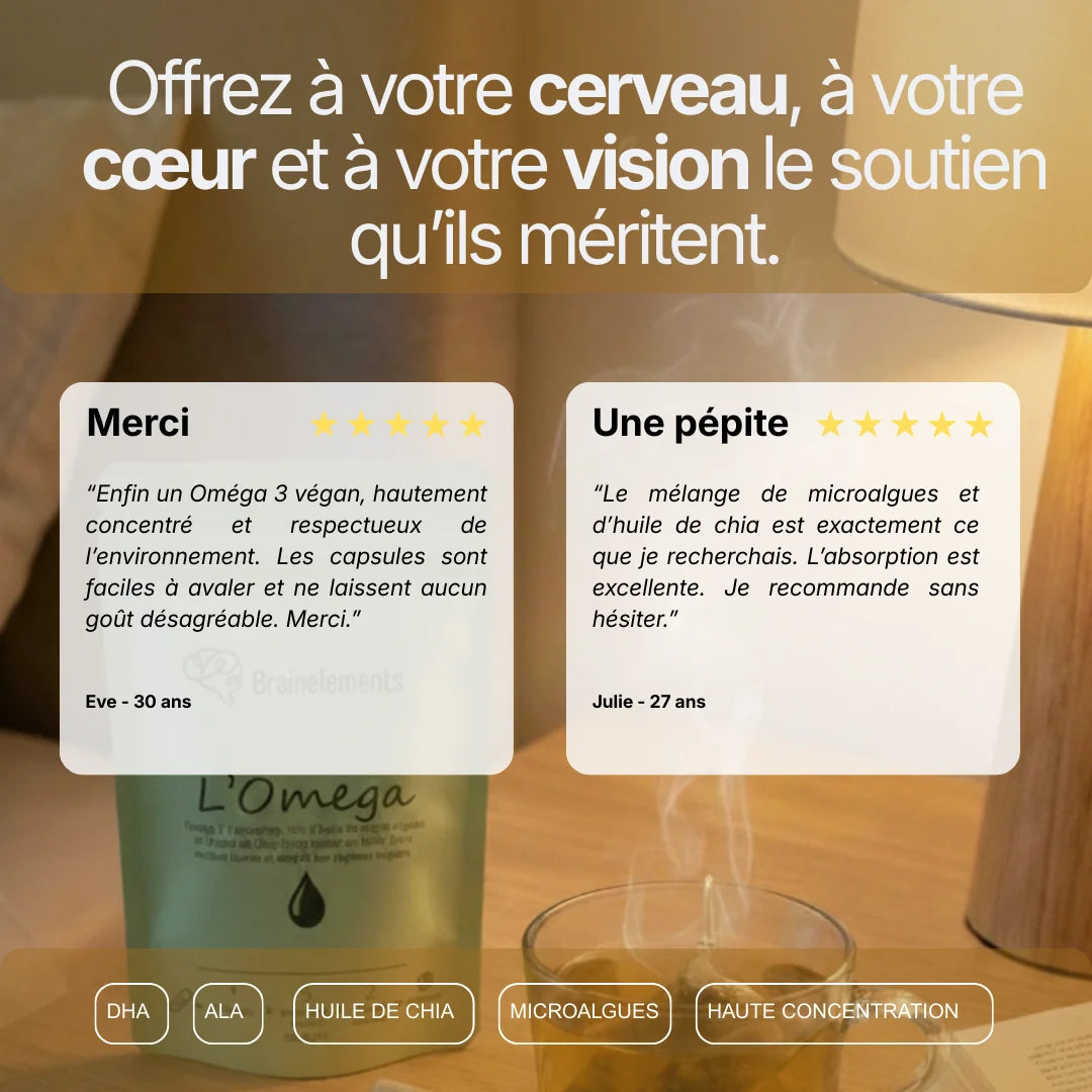 Témoignages de clientes (Eve et Julie) sur L'Omega de Brainelements, soulignant l'absence de goût désagréable, la facilité de digestion et l'efficacité pour le cerveau, le cœur et la vision.