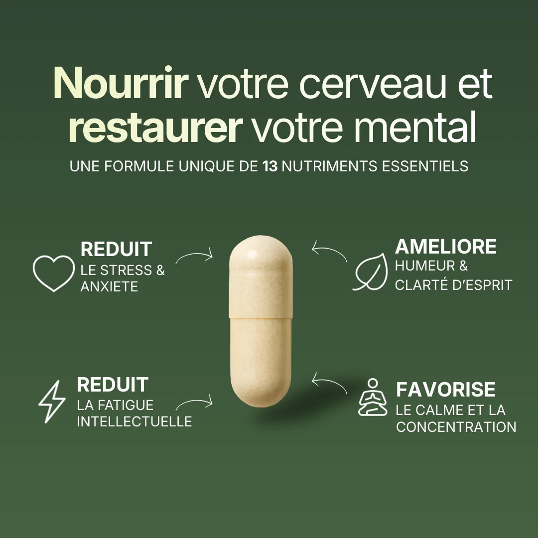 ros plan sur une gélule Le Serein et ses 4 actions principales : réduit le stress et l'anxiété, améliore l'humeur, réduit la fatigue intellectuelle et favorise la concentration.