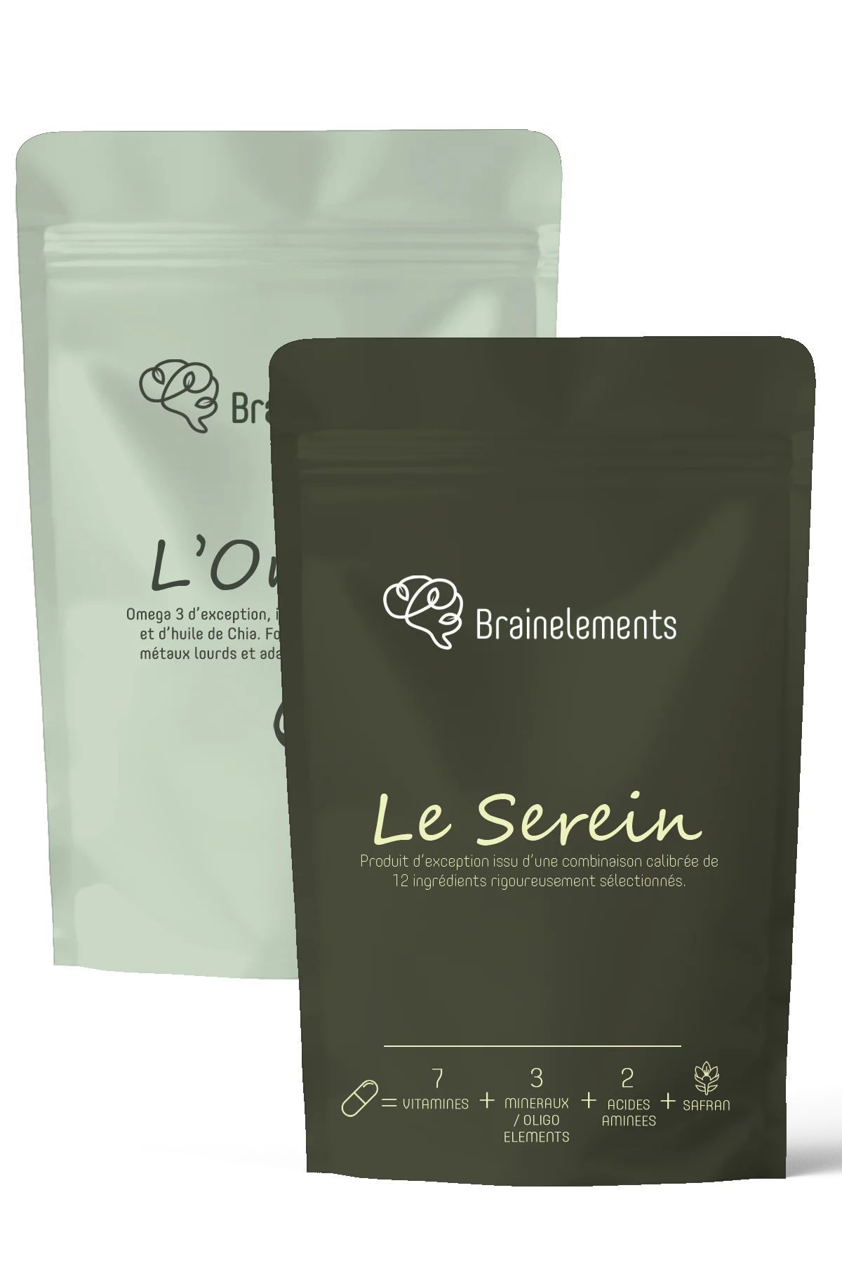 Duo de compléments alimentaires Brainelements : un sachet de 'Le Serein' au premier plan contenant vitamines, minéraux et safran, et un sachet d'Omega 3 en arrière-plan.